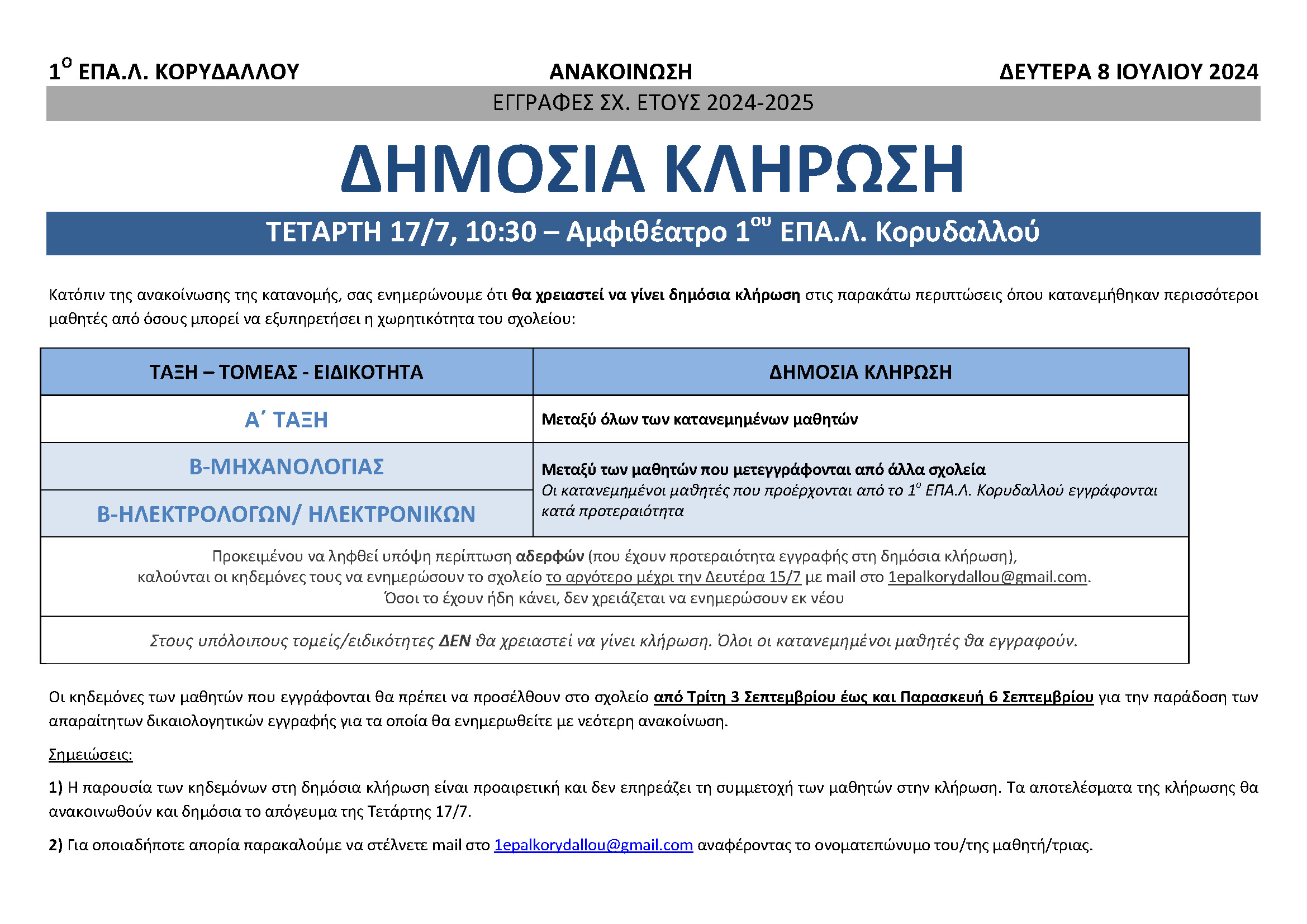 ΑΝΑΚΟΙΝΩΣΗ ΓΙΑ ΔΗΜΟΣΙΑ ΚΛΗΡΩΣΗ -ΕΓΓΡΑΦΕΣ 2024
